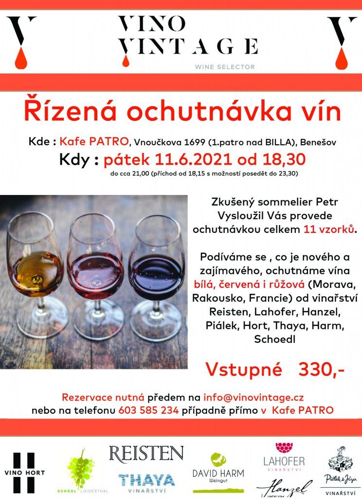 Degustace vín 11.6.2021 od 18,30 Kafe Patro Benešov